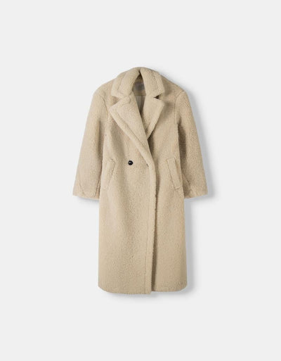 Lucie | Damen Oversized Teddyfell Wintermantel mit Reverskragen & Knopfleiste in Beige