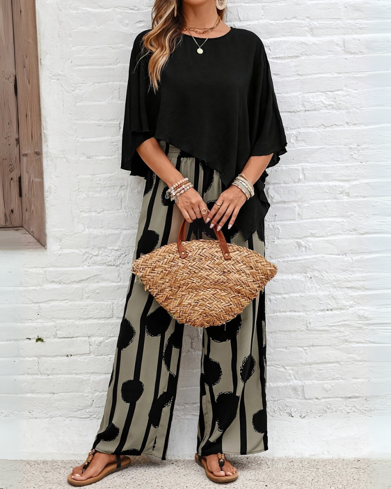 Damen Asymmetrisches Freizeit Zweiteiler Set | Weite Hose