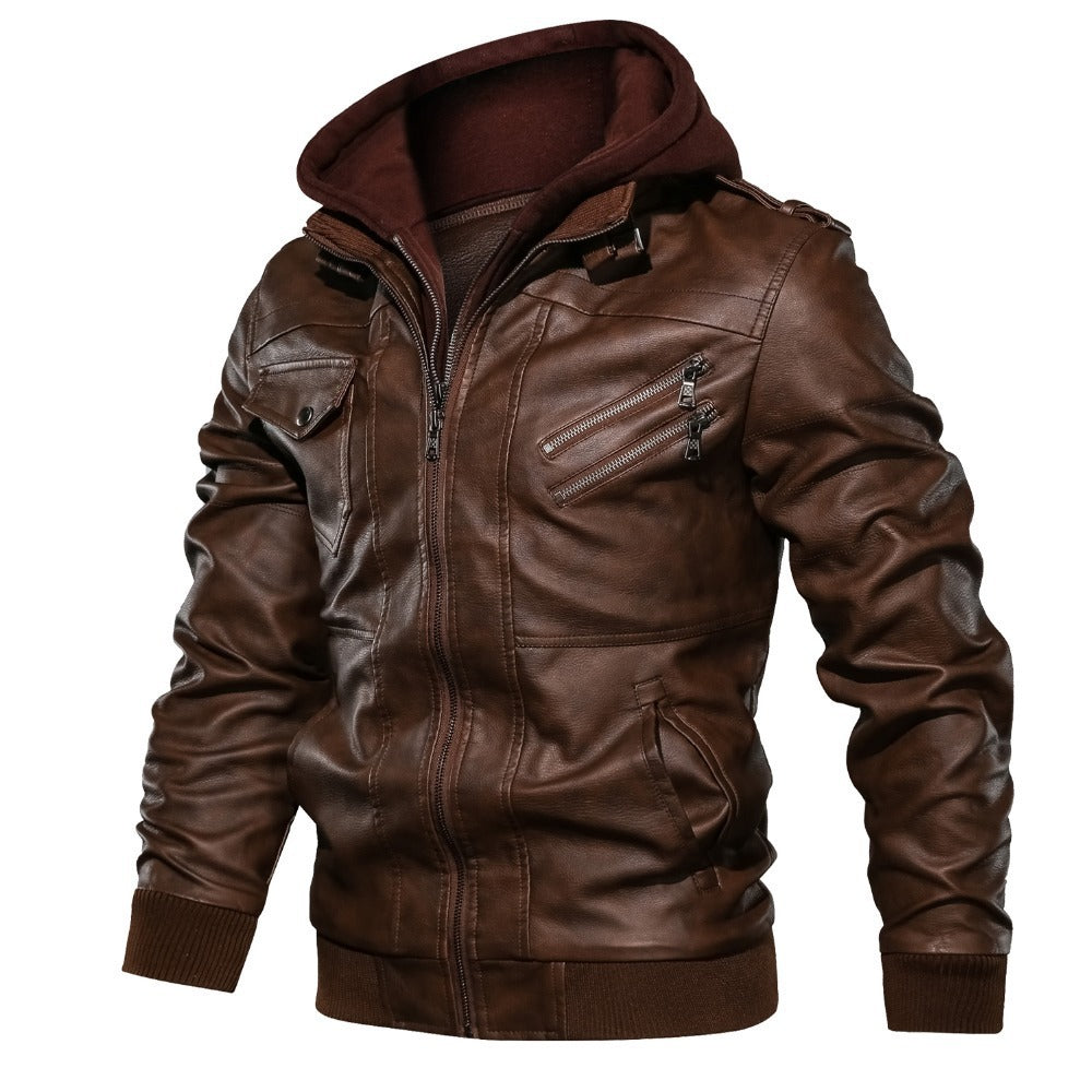 Herren Lederjacke mit abnehmbarer Kapuze und Taschen