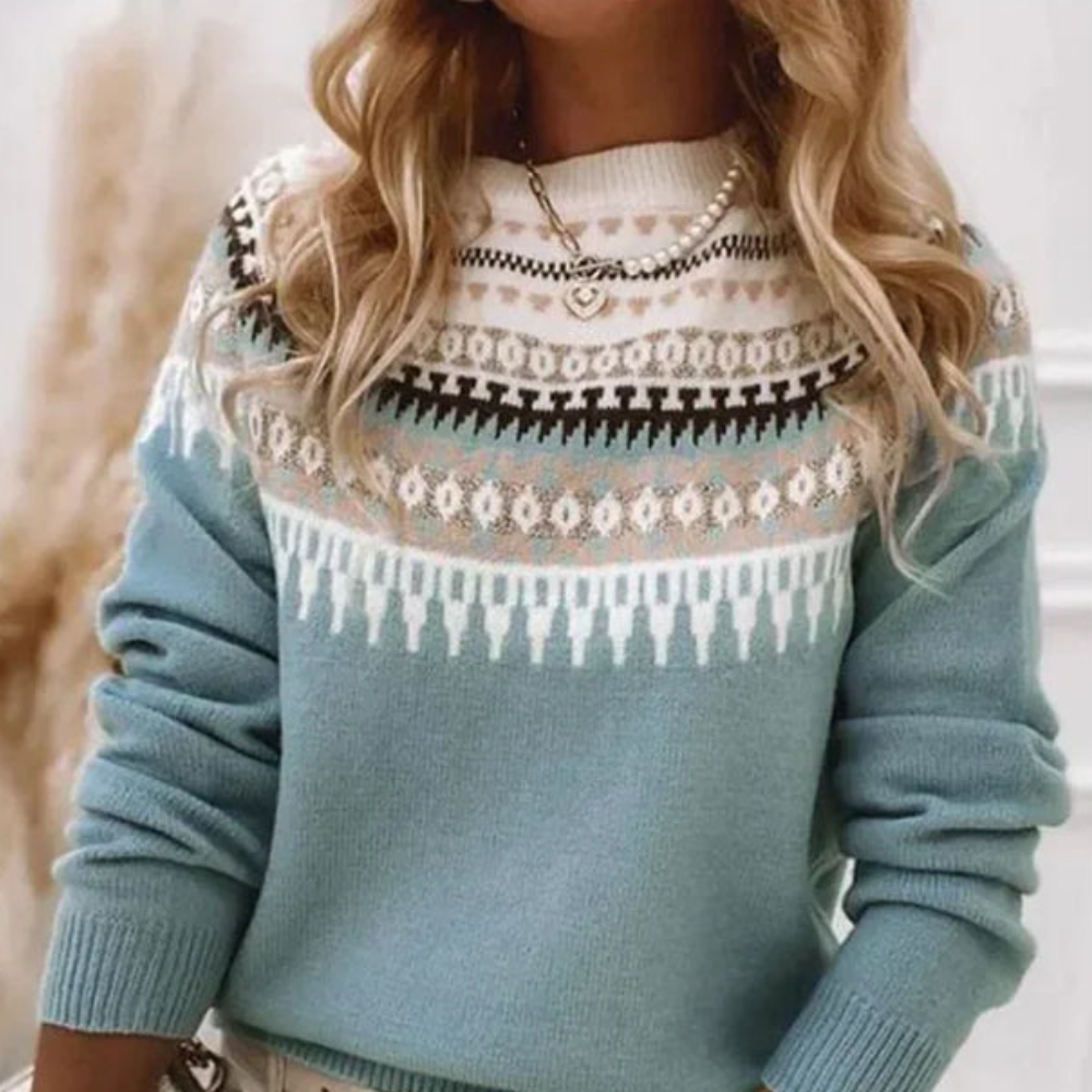 Odette | Damen Grobstrickpullover mit Norweger Muster & Rundhalsausschnitt