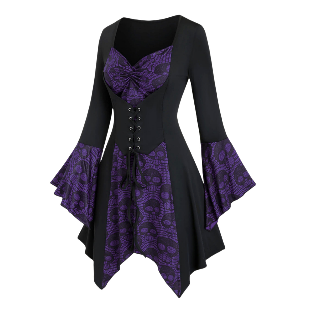 Damen Gothic Halloween-Kleid mit Spitze | Midi-Länge und Trompetenärmeln