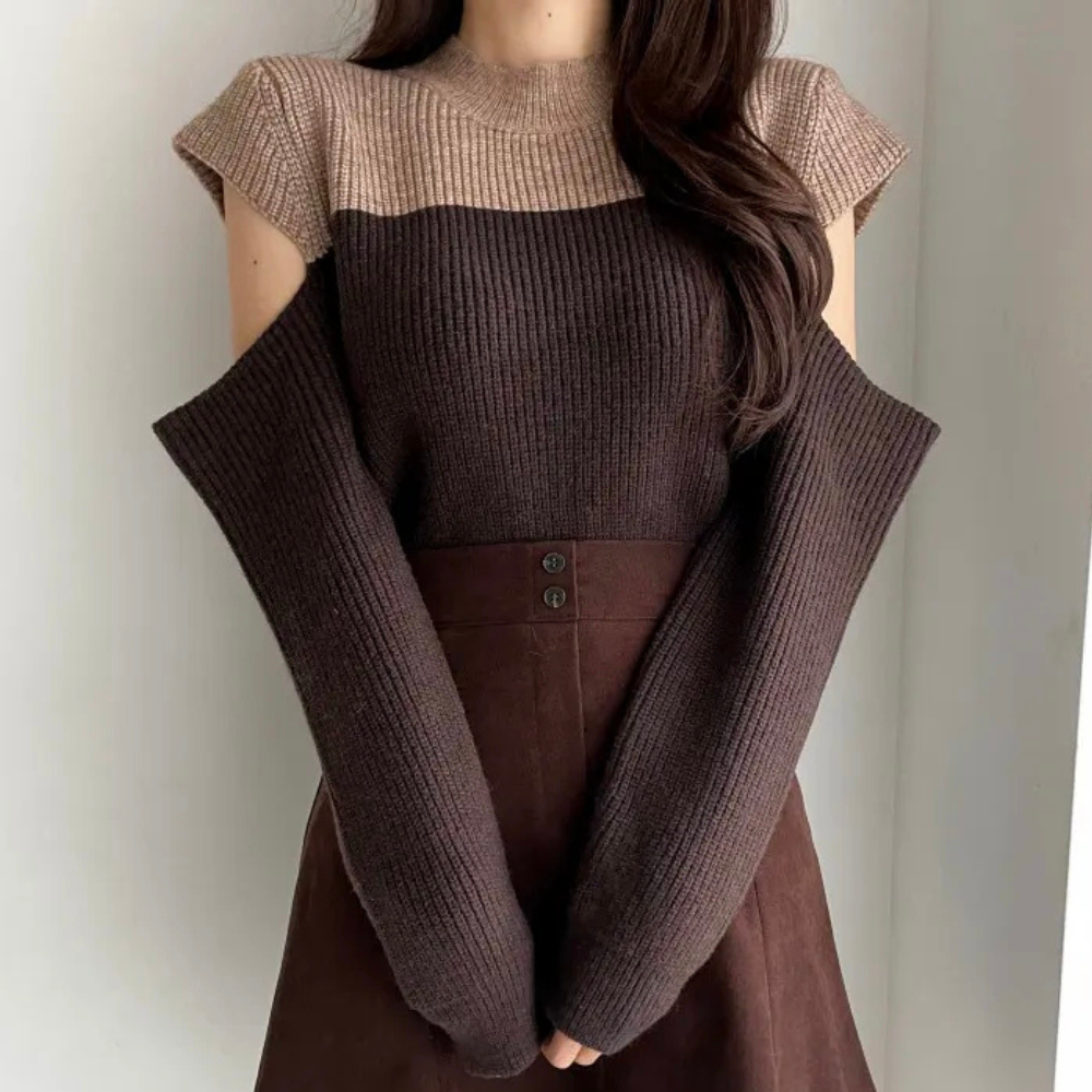 Marga | Damen Zweifarbiger Strickpullover mit Rundhals & Cut-out Ärmeln, Modern & Stylisch