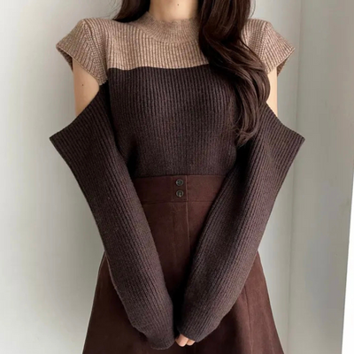 Marga | Damen Zweifarbiger Strickpullover mit Rundhals & Cut-out Ärmeln, Modern & Stylisch