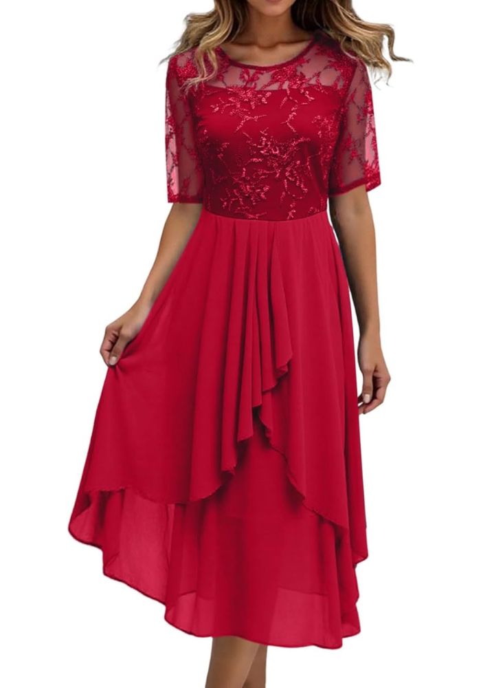Damen Plissee Rundhalsausschnitt Kleid | Midi