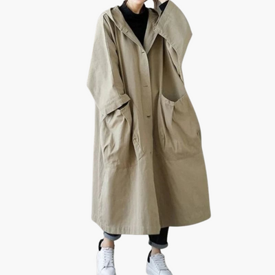Damen Oversize Trenchcoat mit Kapuze und großen Taschen