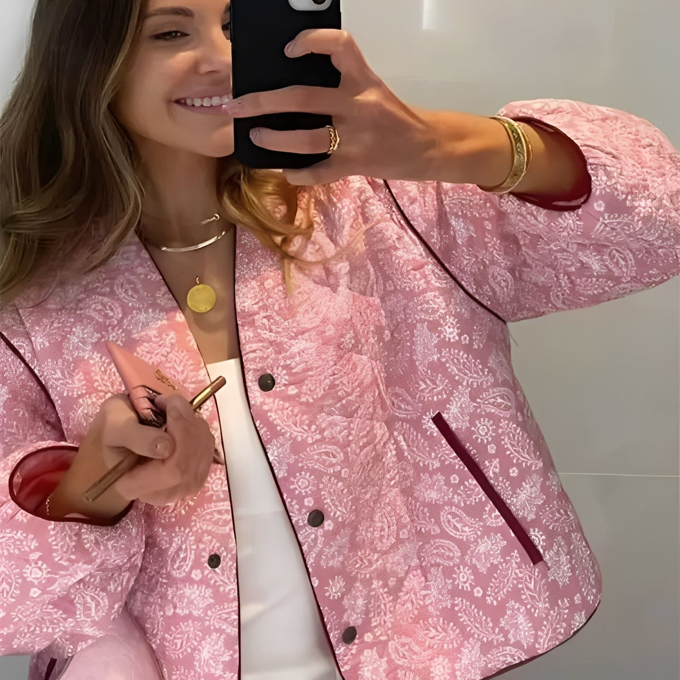 Damen Steppjacke Mit Blumenmuster In Rosa