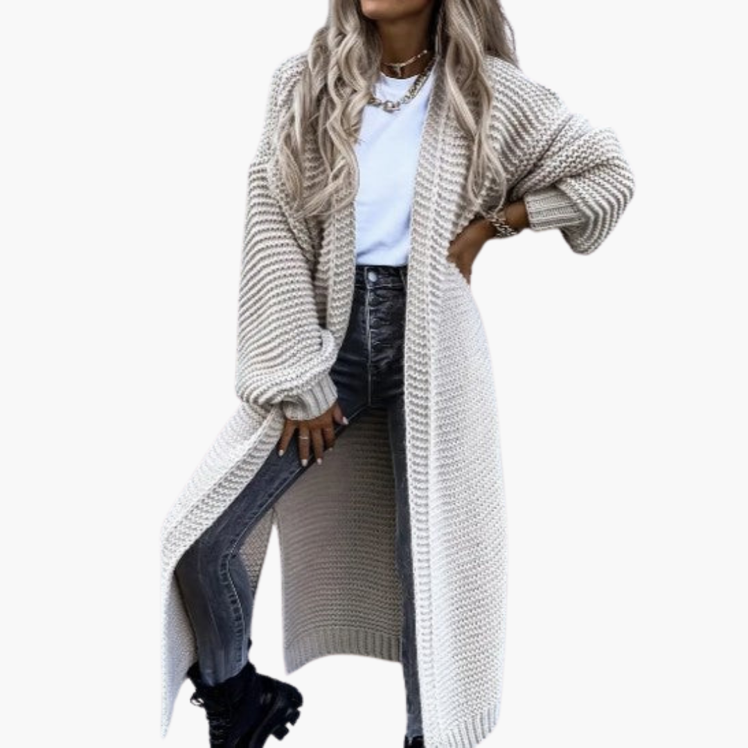 Damen Strickjacke lang mit offenem Vorderteil und gerippten Bündchen