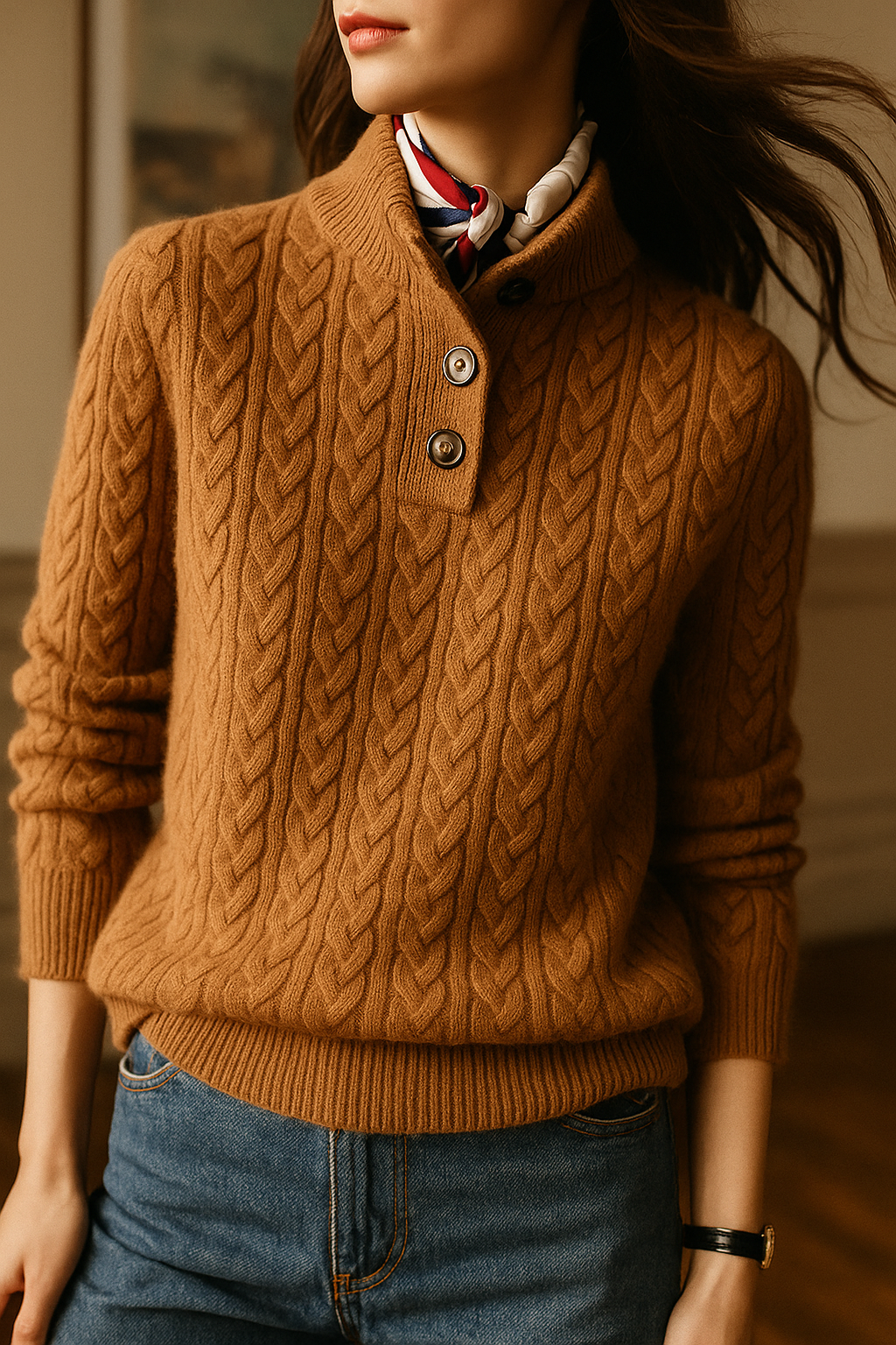Damen Zopfmuster Pullover Mit Knopfleiste Und Stehkragen