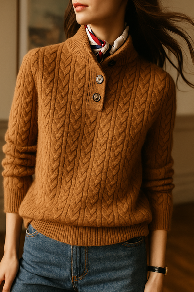 Damen Zopfmuster Pullover Mit Knopfleiste Und Stehkragen