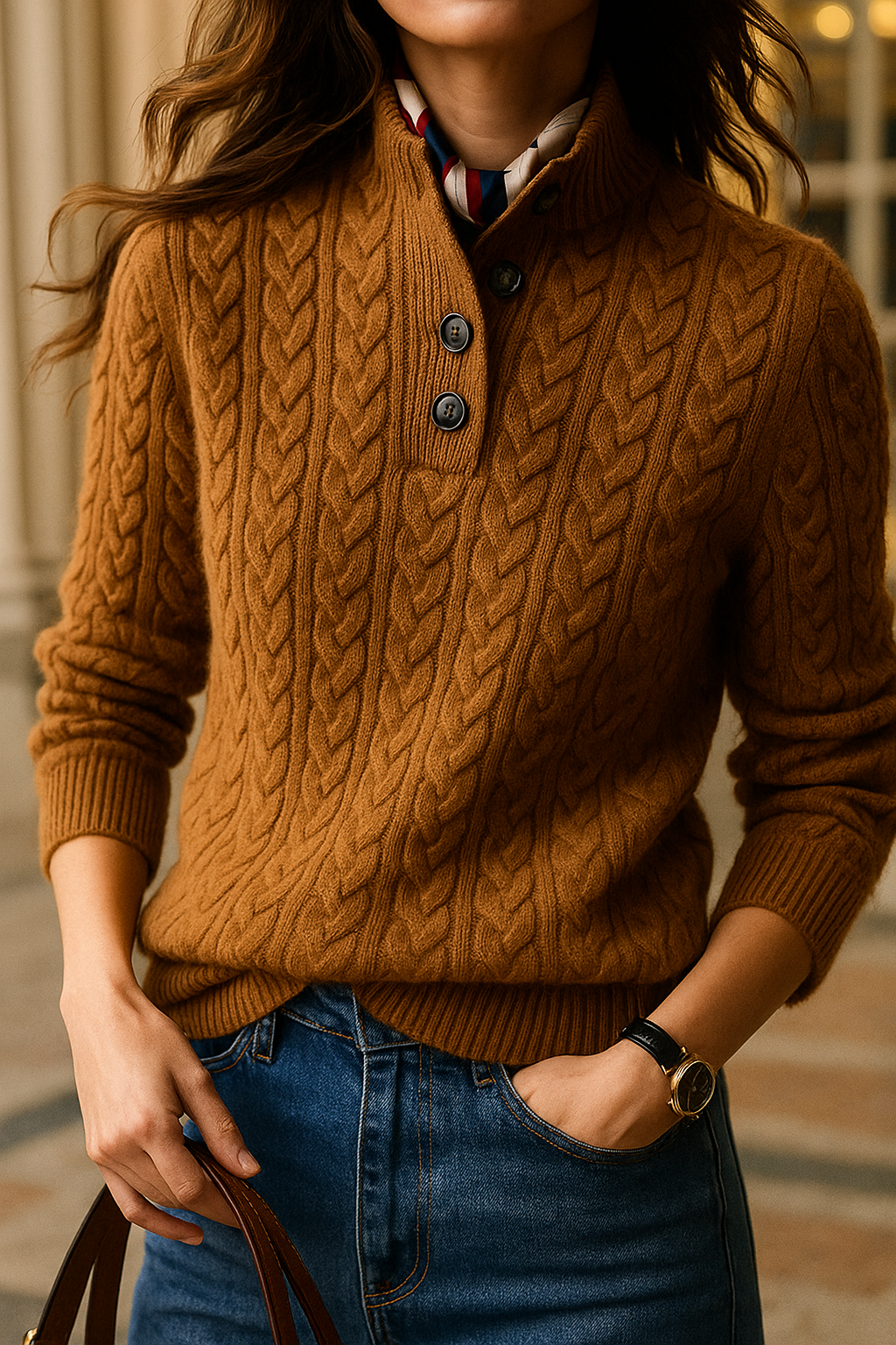 Damen Zopfmuster Pullover Mit Knopfleiste Und Stehkragen