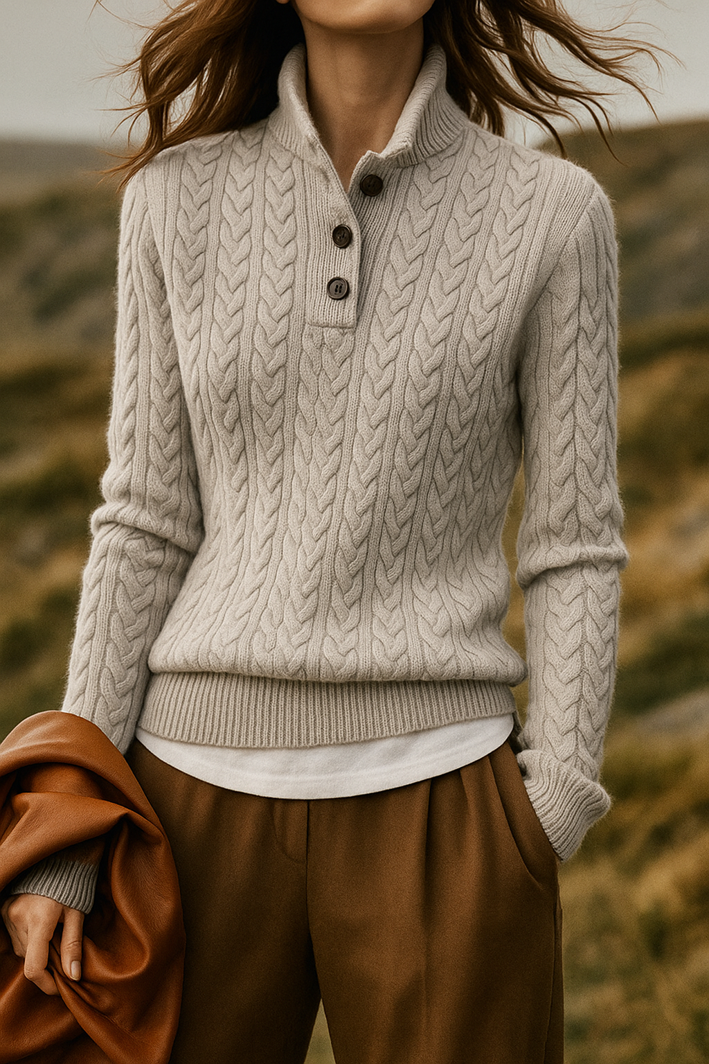 Damen Zopfmuster Pullover Mit Knopfleiste Und Stehkragen