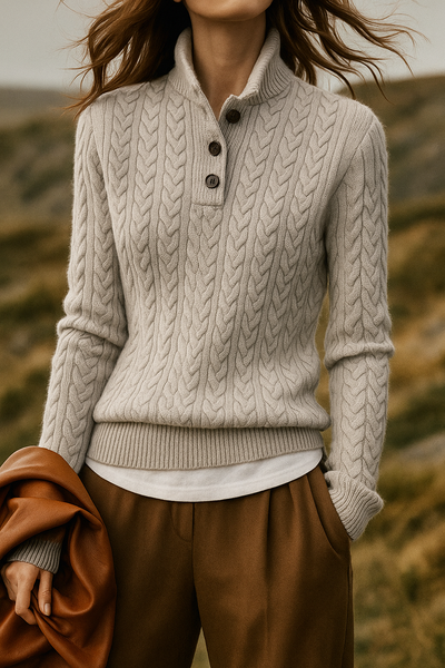 Damen Zopfmuster Pullover Mit Knopfleiste Und Stehkragen