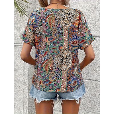 Mehrfarbige Bluse Mit V Ausschnitt Für Damen | Blumen
