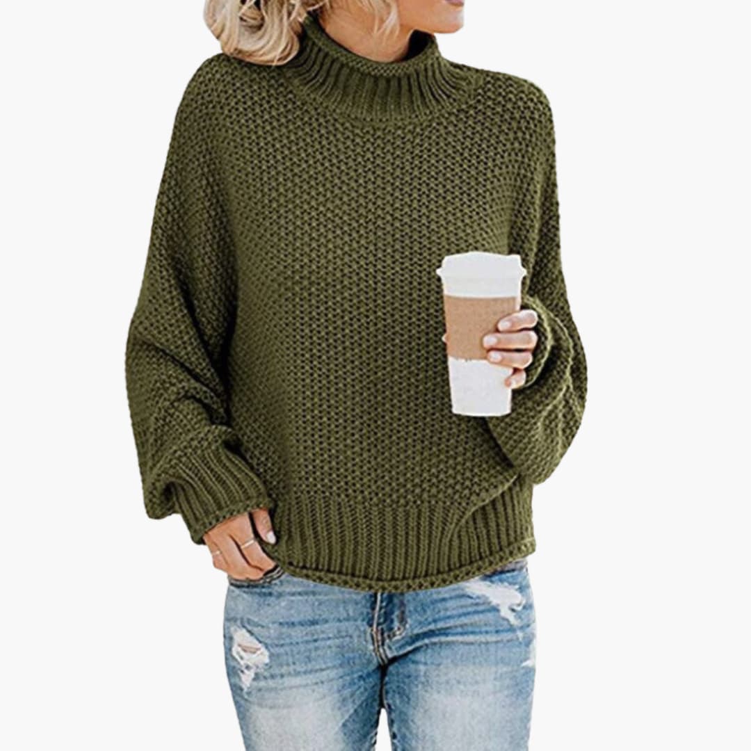 Damen pullover mit hohem Halsausschnitt und geripptem Saum