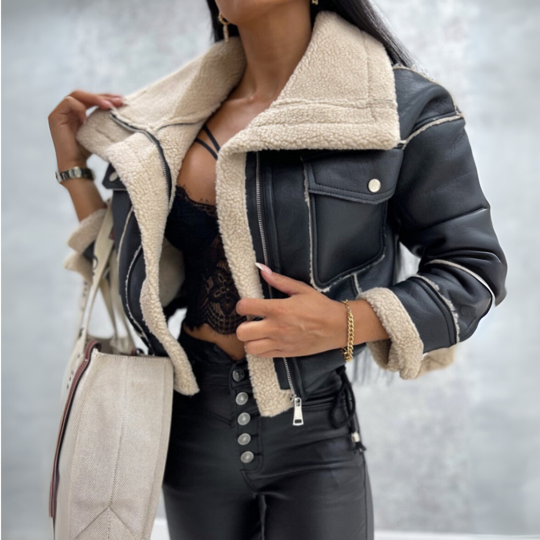 Pauline | Damen Bikerjacke Kurzschnitt mit Fleece-Futter & Stylischem Cropped Design