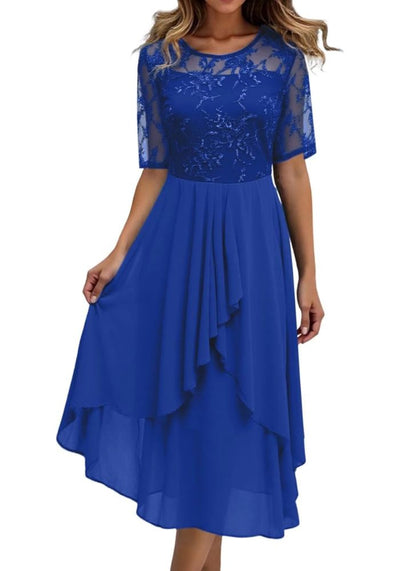 Damen Plissee Rundhalsausschnitt Kleid | Midi