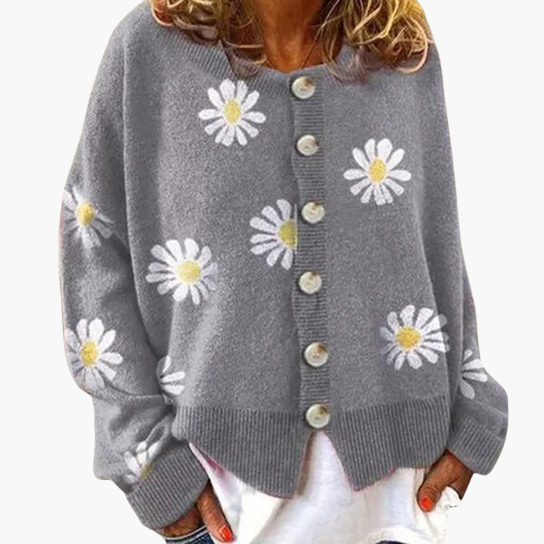 Damen Strickjacke mit Knopfverschluss und Blumenmuster