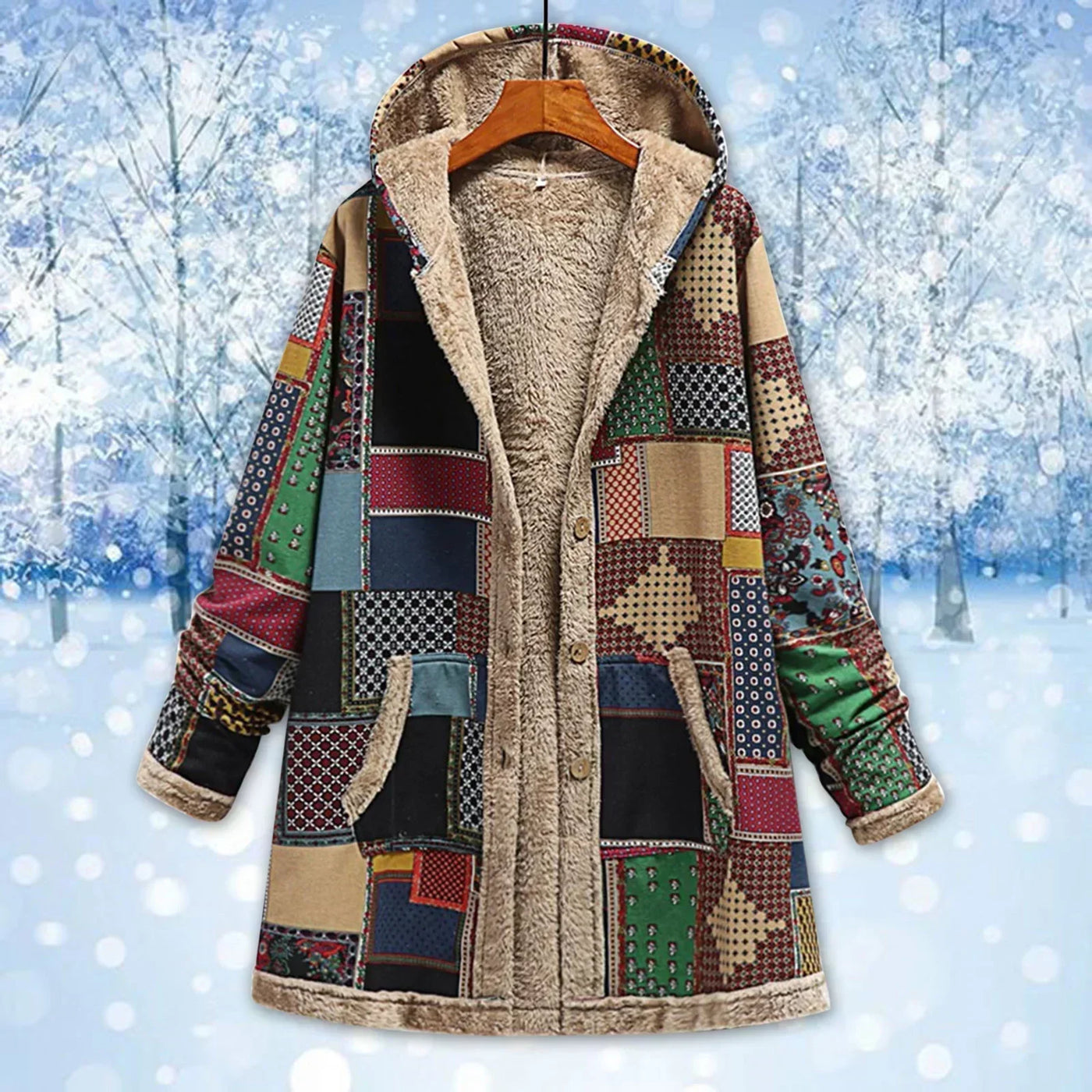 Marianne | Damen Patchwork Jacke mit Kapuze, Fleece-Futter & Knöpfen im Multicolor Design