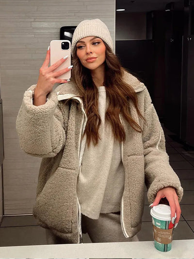 Luciana | Damen Oversized Fleecejacke mit Hohem Kragen und Reißverschluss