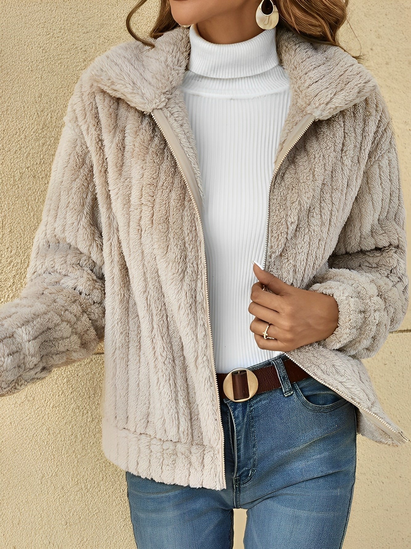 Wiebke | Damen Teddy-Jacke Kurz | Kuschelig, Bequem & Reverskragen