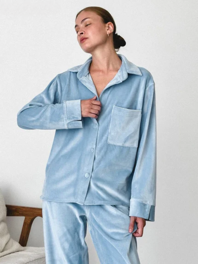Juliane | Damen 2-teiliger Pyjama in Blau mit Hemd & Hose