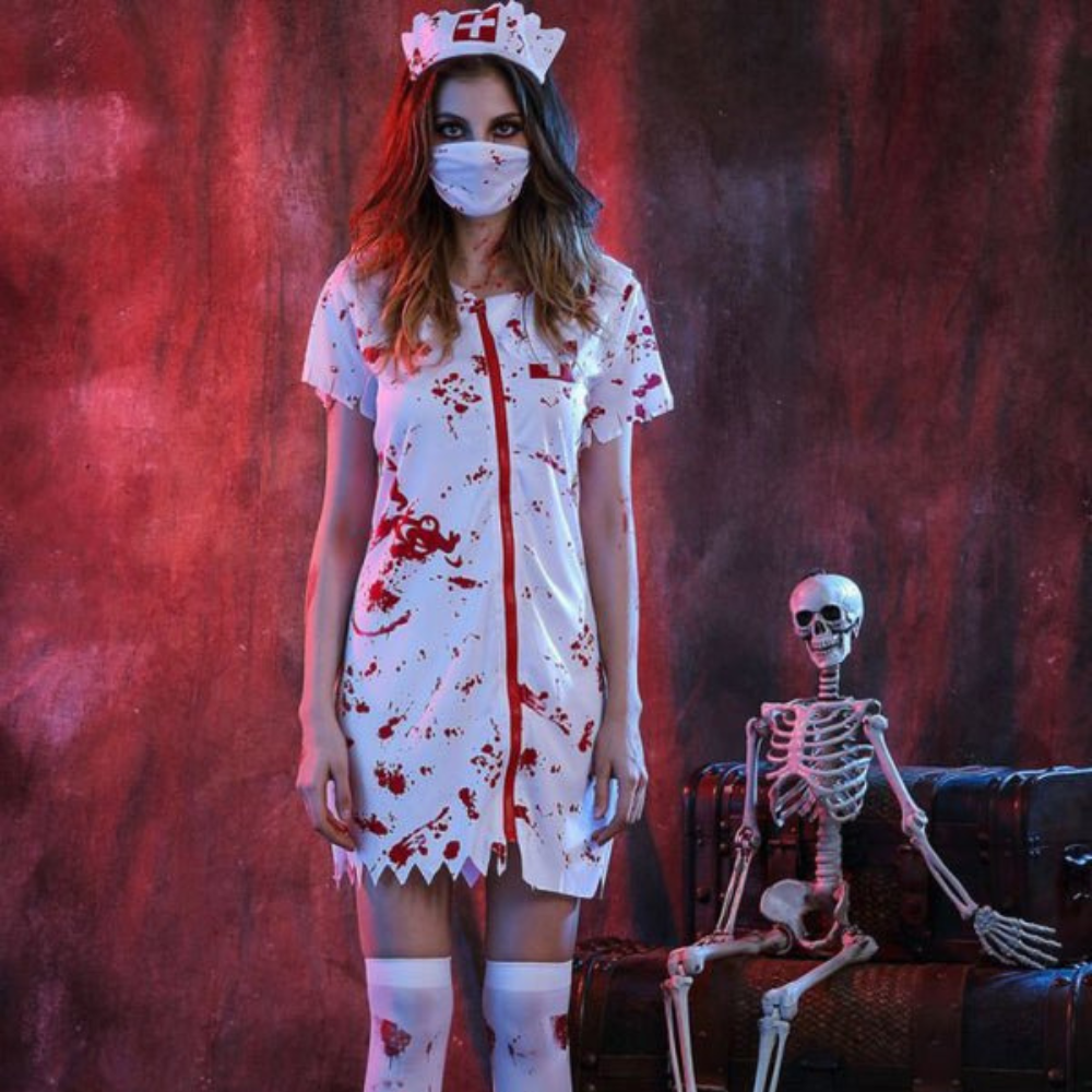 Damen Halloween Kostüm | Kurzarm Kleid mit Blutflecken und Reißverschluss