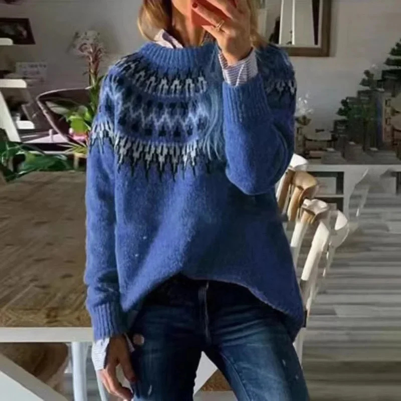 Olga | Damen Grobstrickpullover mit Winter Norweger Muster & Rundhalsausschnitt