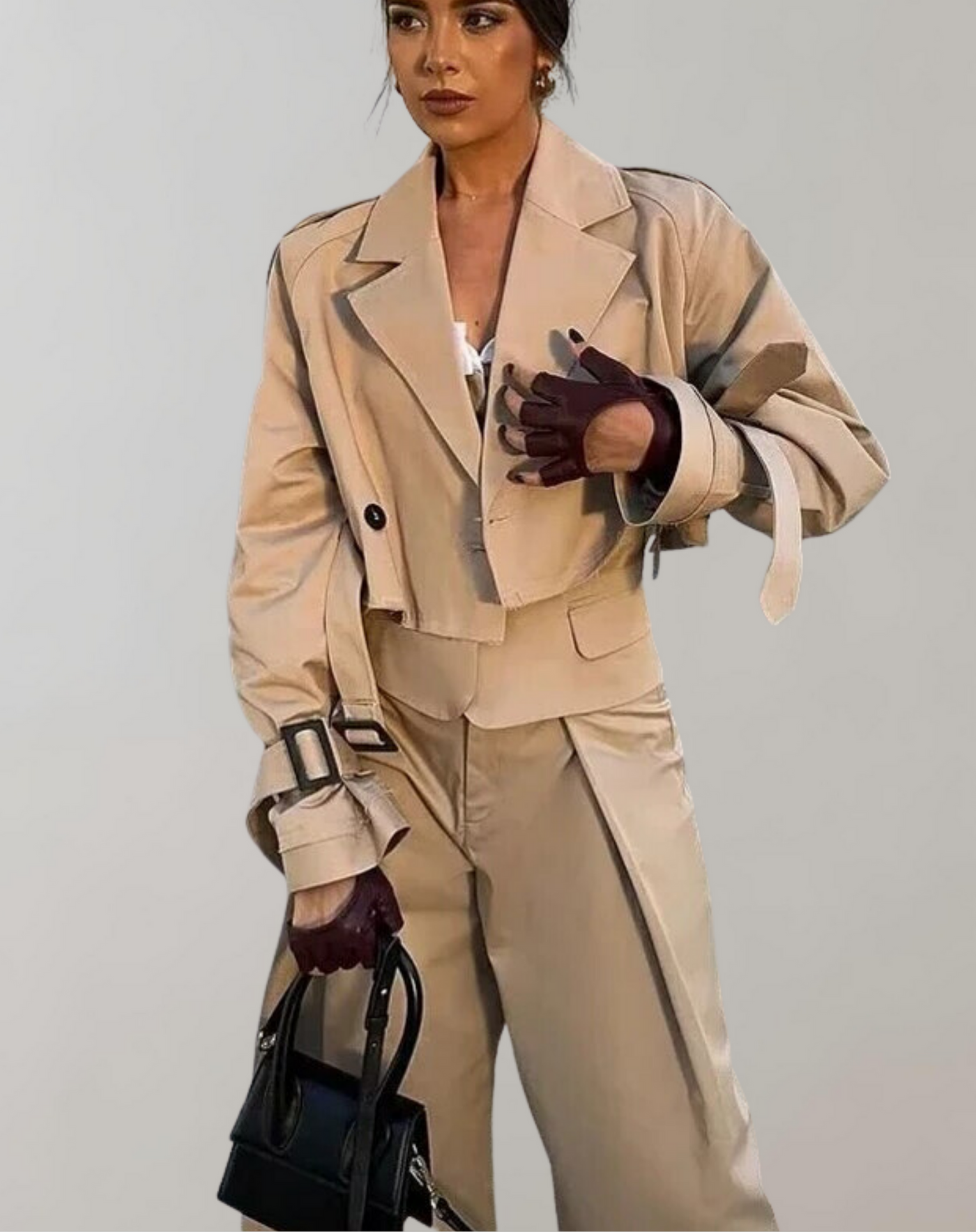 Damen Kurzer Trenchcoat Mit Gürtel Und Langen Ärmeln