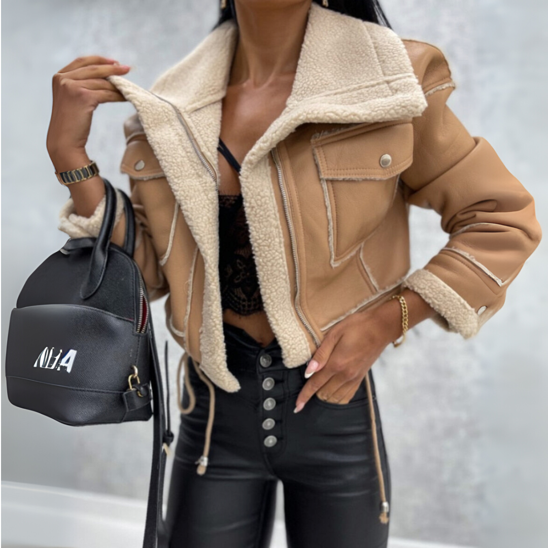 Pauline | Damen Bikerjacke Kurzschnitt mit Fleece-Futter & Stylischem Cropped Design