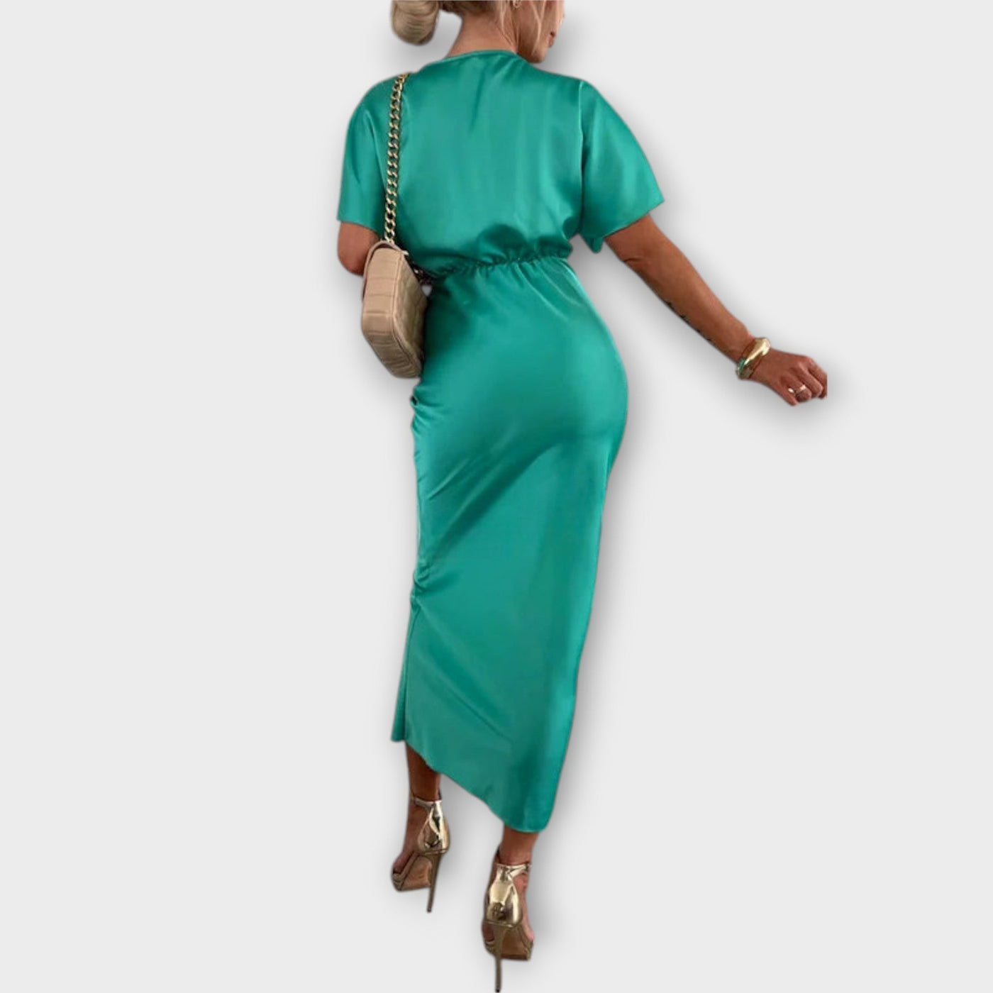 Sable - Solides Satin V-Ausschnitt Kreuzknoten Slim Fit Maxi Kleid