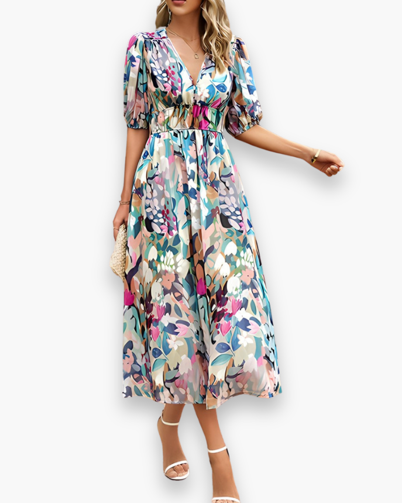 Damen Elegantes Blumendruck Midikleid | Midi Sommer Kleid