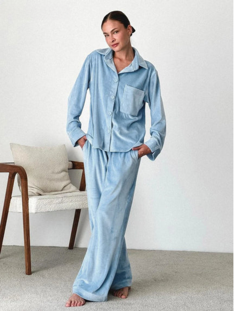 Juliane | Damen 2-teiliger Pyjama in Blau mit Hemd & Hose