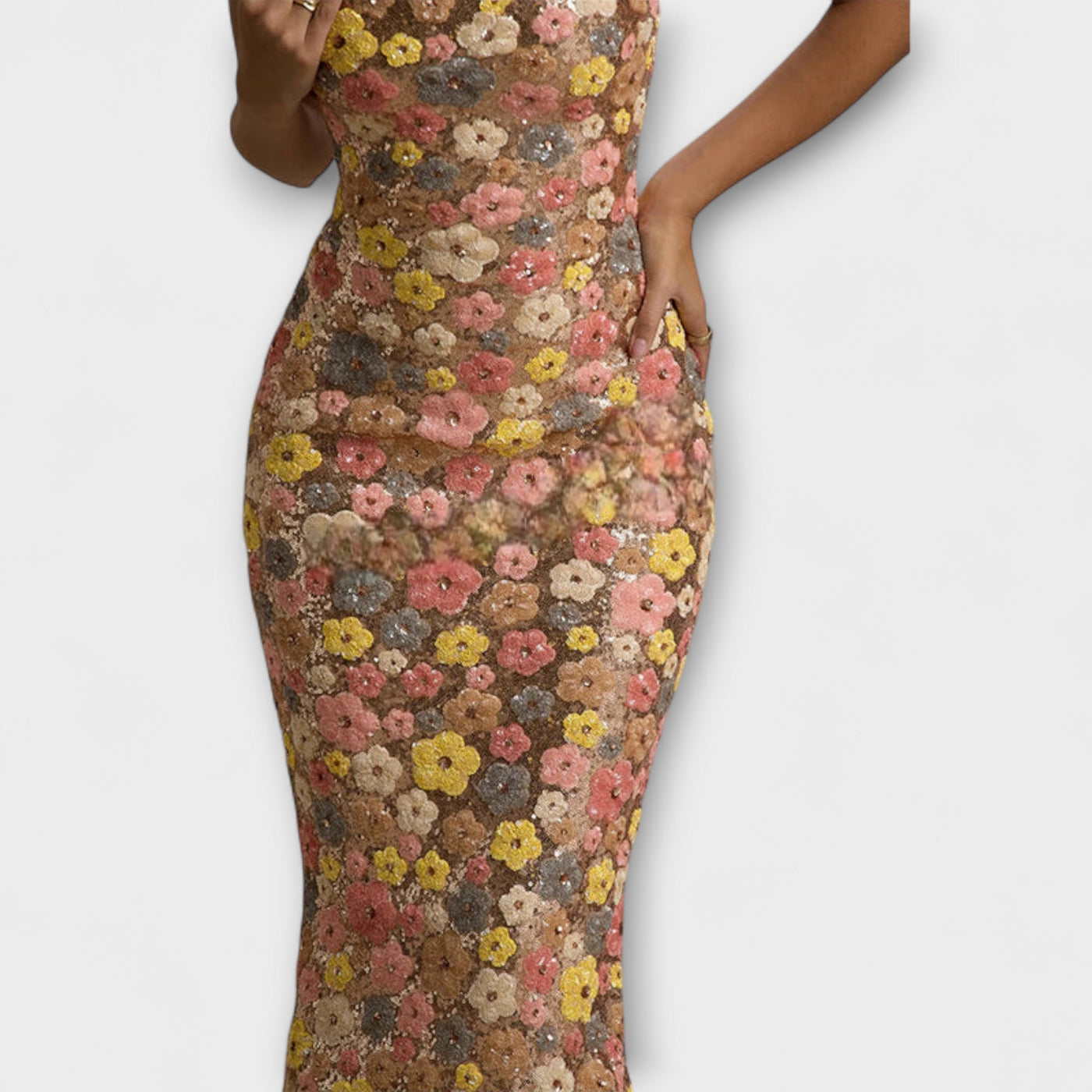 Oakley - 80er-Jahre Maxi-Kleid mit floralen Pailletten