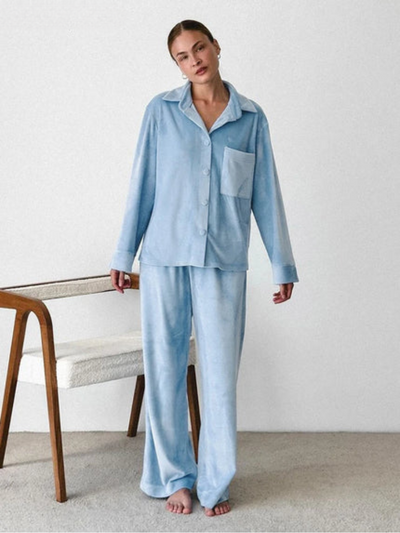 Juliane | Damen 2-teiliger Pyjama in Blau mit Hemd & Hose
