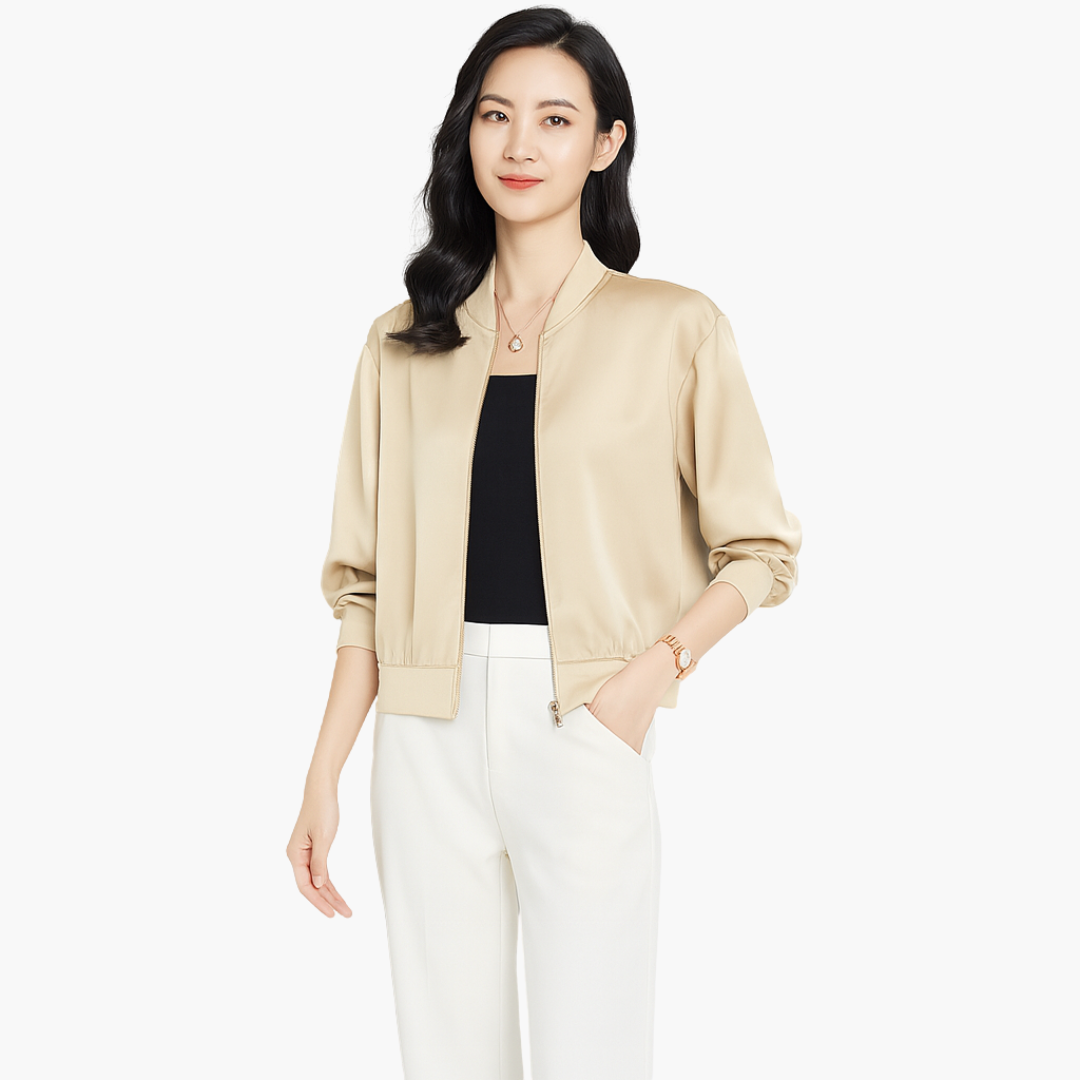 Damen Bomberjacke aus Satin mit Reißverschluss vorne