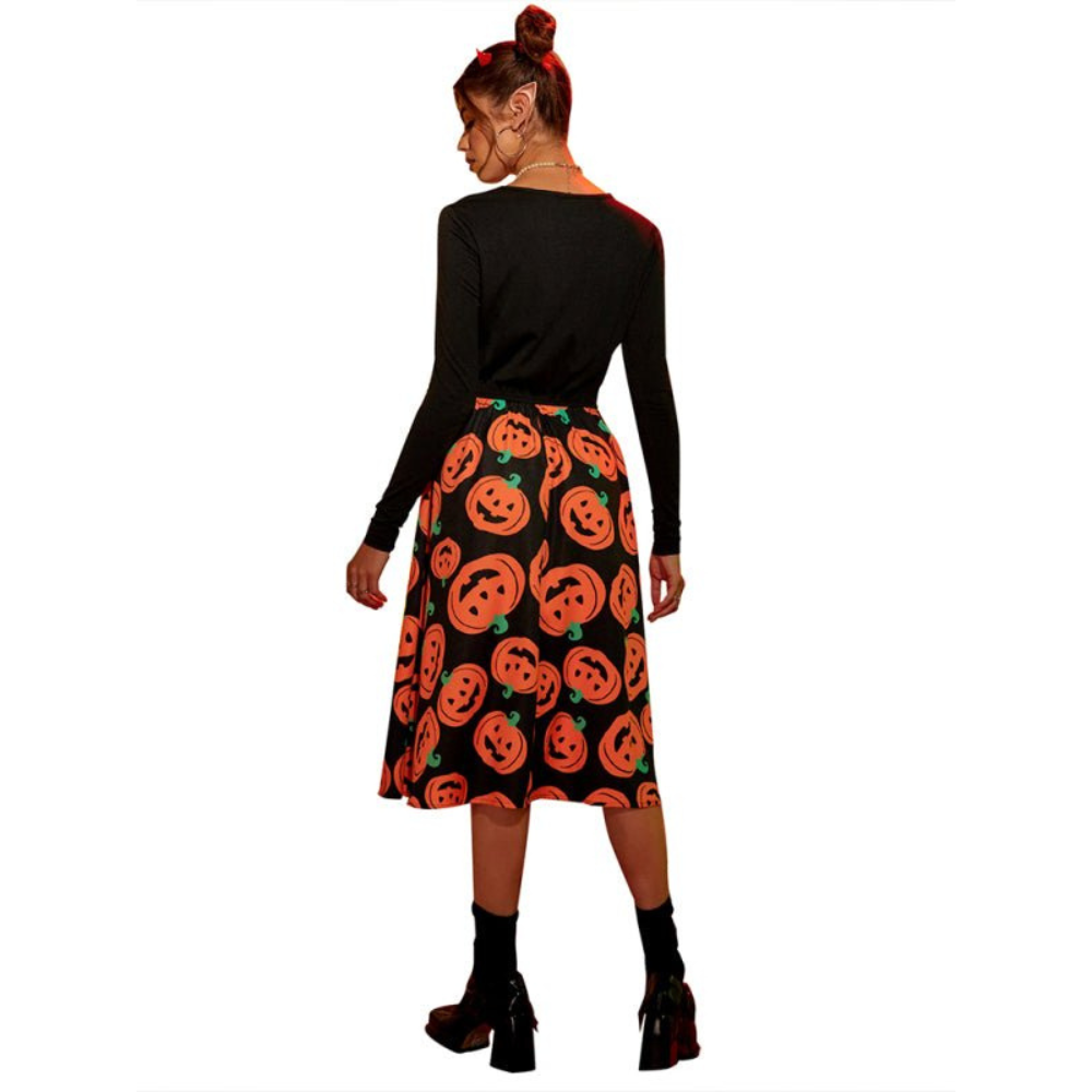 Damen Halloween-Kleid mit Kürbis-Print | Langarm & Midi-Länge