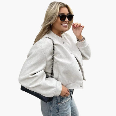 Damen Cropped Bomberjacke mit Knopfverschluss und Seitentaschen