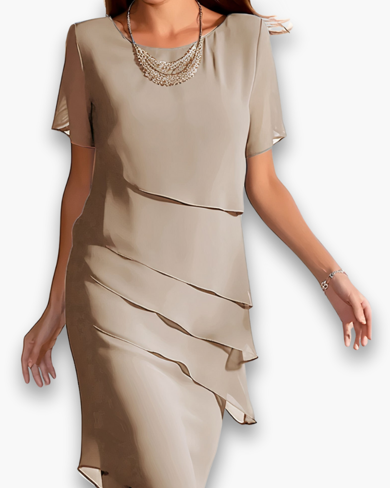 Damen Elegantes Gestuftes Chiffonkleid | Midi Festliche Kleider