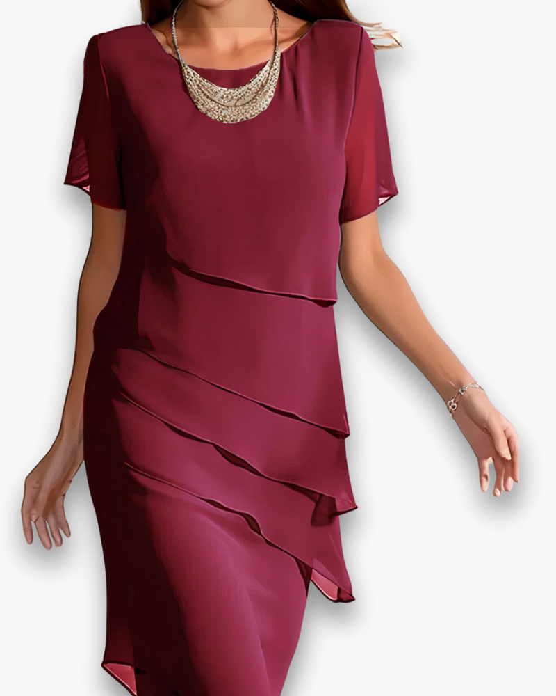 Damen Elegantes Gestuftes Chiffonkleid | Midi Festliche Kleider