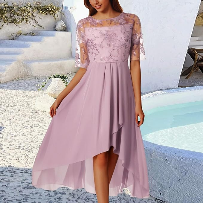 Damen Plissee Rundhalsausschnitt Kleid | Midi