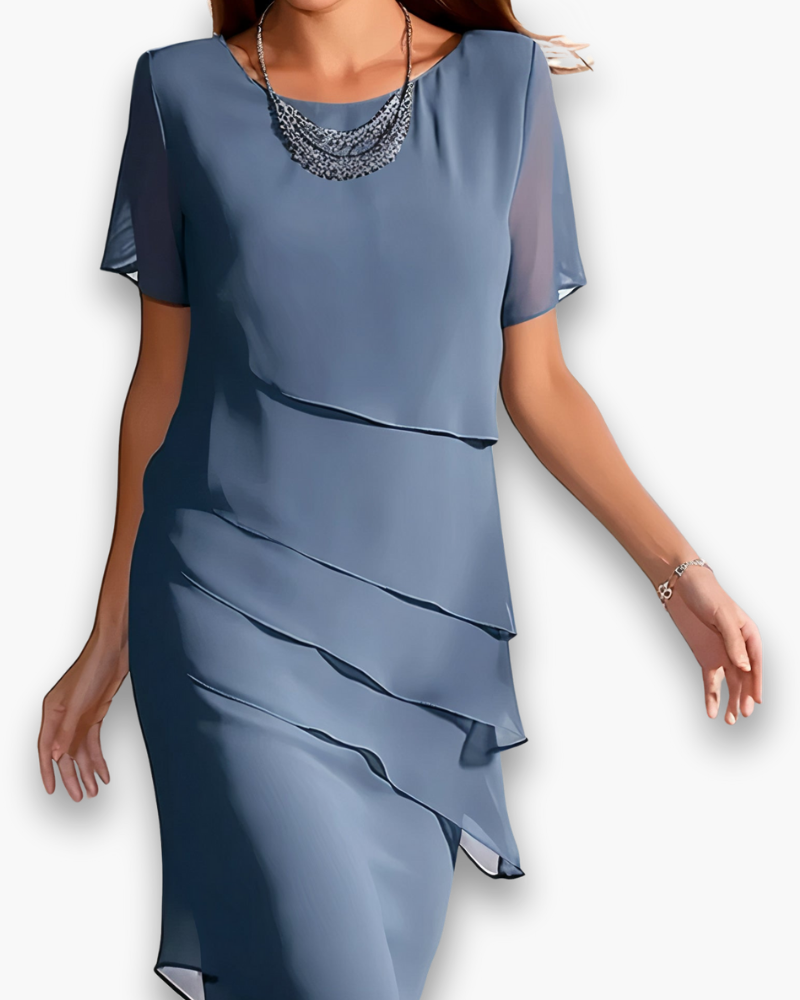 Damen Elegantes Gestuftes Chiffonkleid | Midi Festliche Kleider