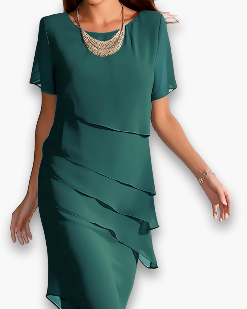 Damen Elegantes Gestuftes Chiffonkleid | Midi Festliche Kleider