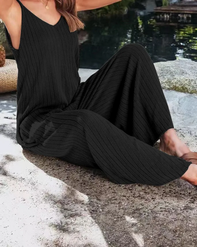 Damen Ärmelloser Gerippter Jumpsuit | Weites Bein