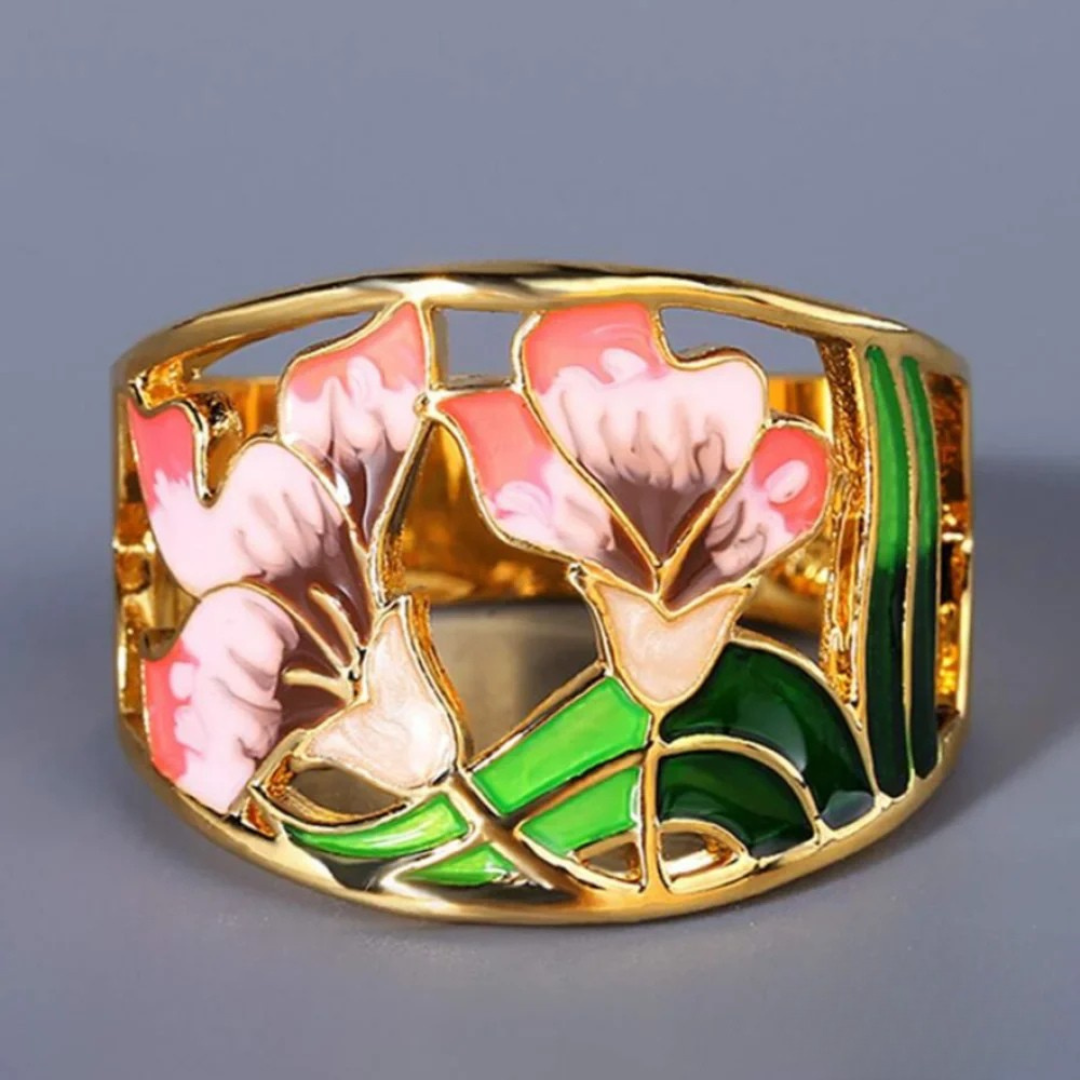 Vintage Blumen Gold Emaille Ring