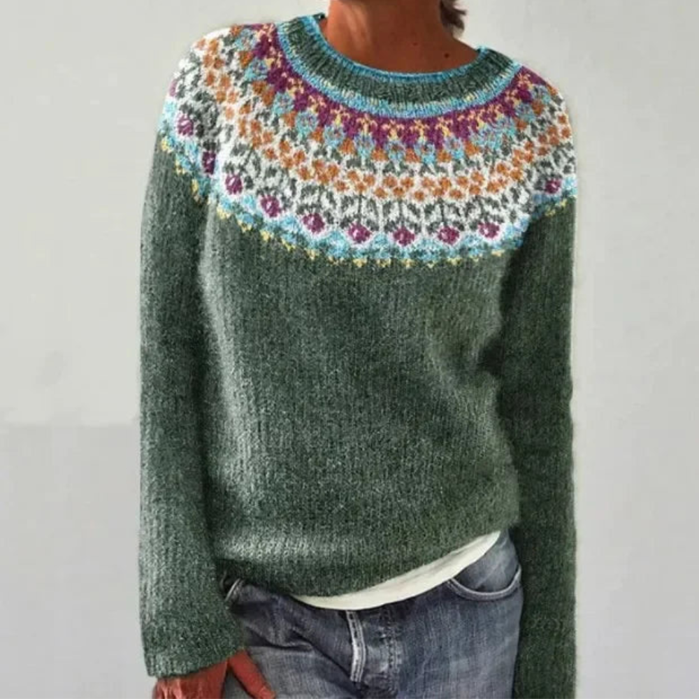 Odette | Damen Grobstrickpullover mit Norweger Muster & Rundhalsausschnitt