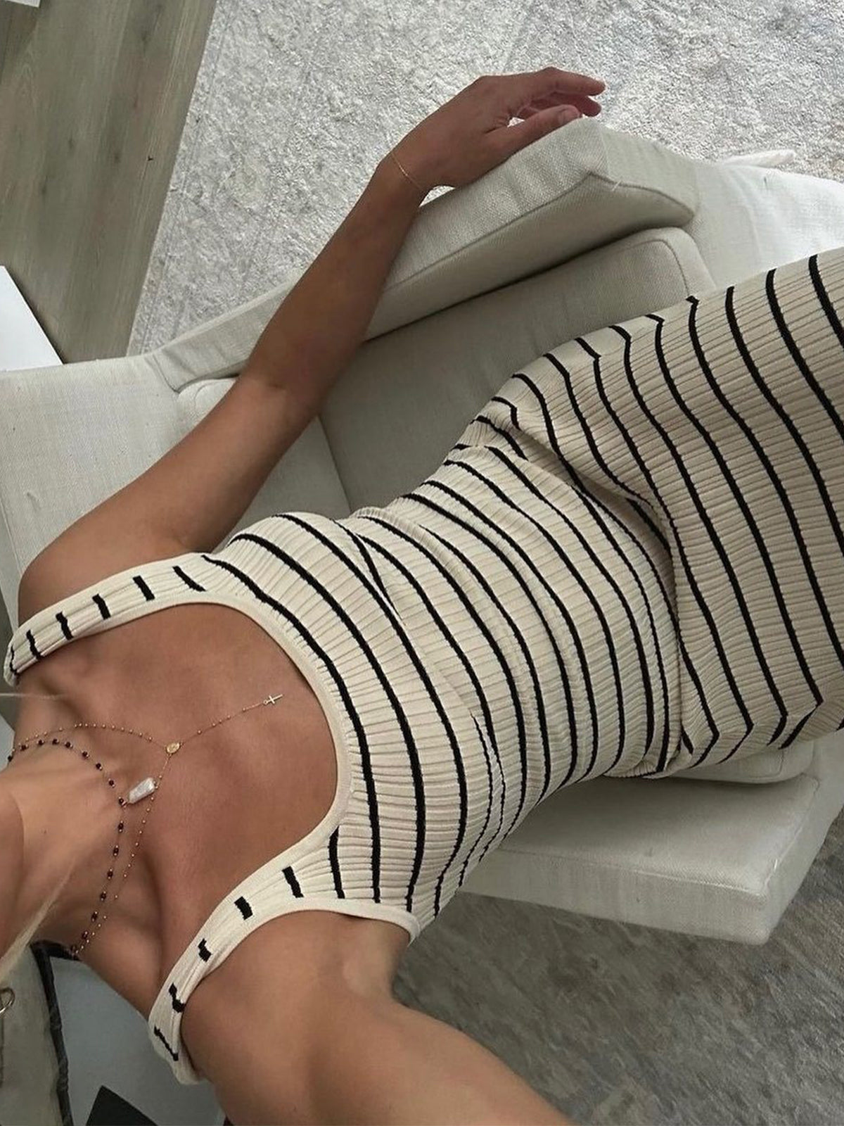 Elegantes Gestreiftes Strick-Maxikleid – Baumwollmischung, Apricot