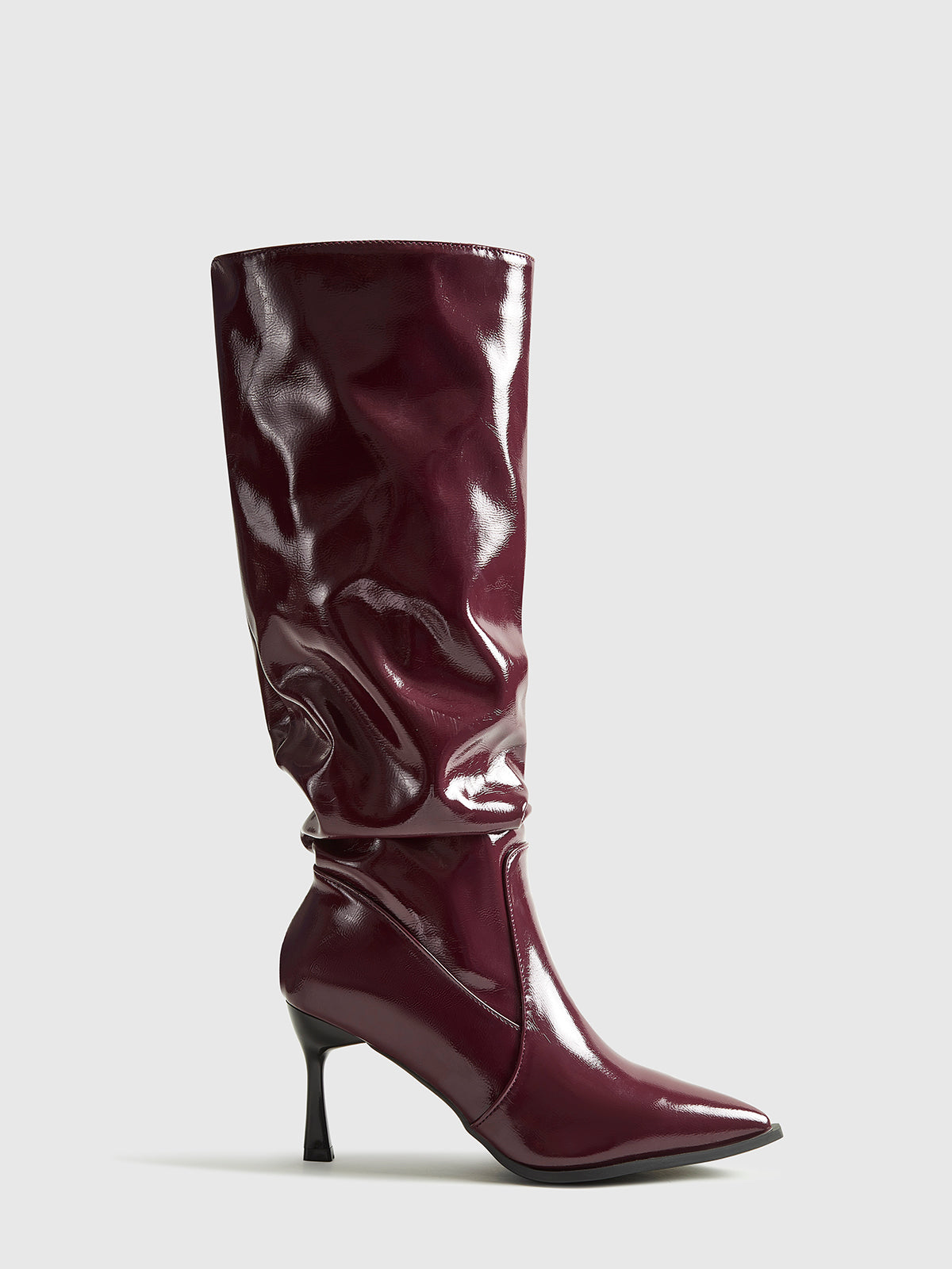 Lydia | Damen High Heel Stiefel in glänzendem Bordeaux mit spitzer Kappe & Kniehohem Schaft
