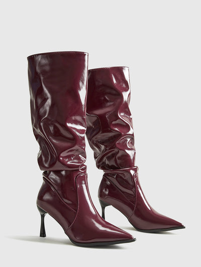 Lydia | Damen High Heel Stiefel in glänzendem Bordeaux mit spitzer Kappe & Kniehohem Schaft