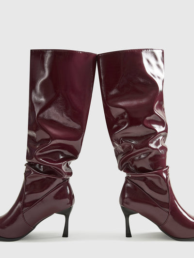 Lydia | Damen High Heel Stiefel in glänzendem Bordeaux mit spitzer Kappe & Kniehohem Schaft