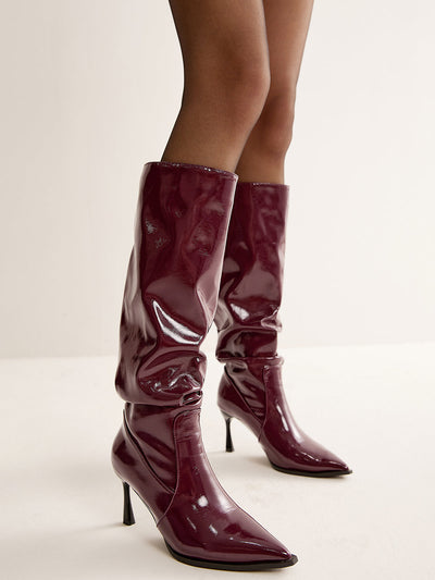 Lydia | Damen High Heel Stiefel in glänzendem Bordeaux mit spitzer Kappe & Kniehohem Schaft